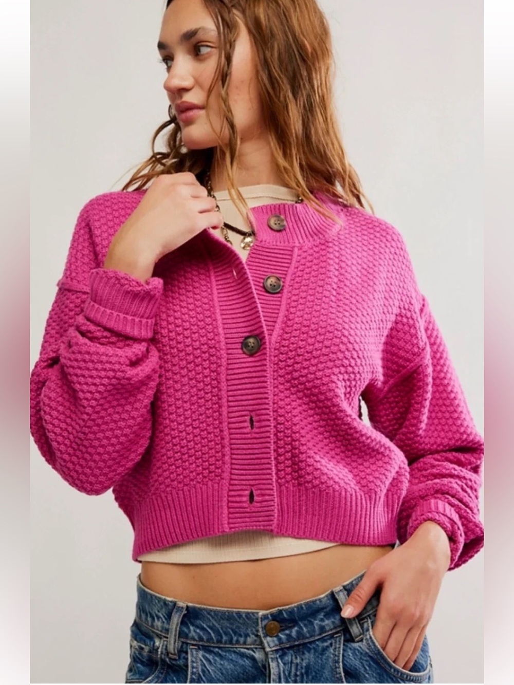 FREE PEOPLE fuchsia  Pink Textured Button-Front Sweater Jacket size XL NWT